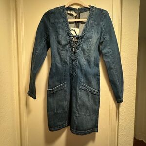 NWT Revolve The Jetset Diaries Tash Denim Jean Blue Lace Up Long Sleeve Dress